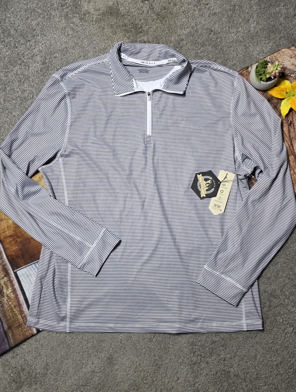 RW Rorie Whelan Golf UPF 50 Dry Wicking Breathable Long Sleeve Striped Shirt XL